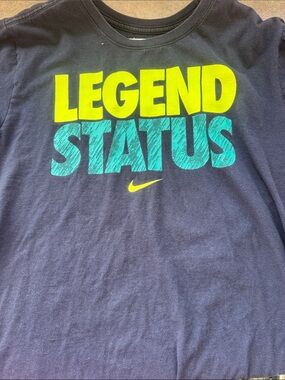 Nike Navy Tee with Yellow and Teal 'LEGEND STATUS' Graphic